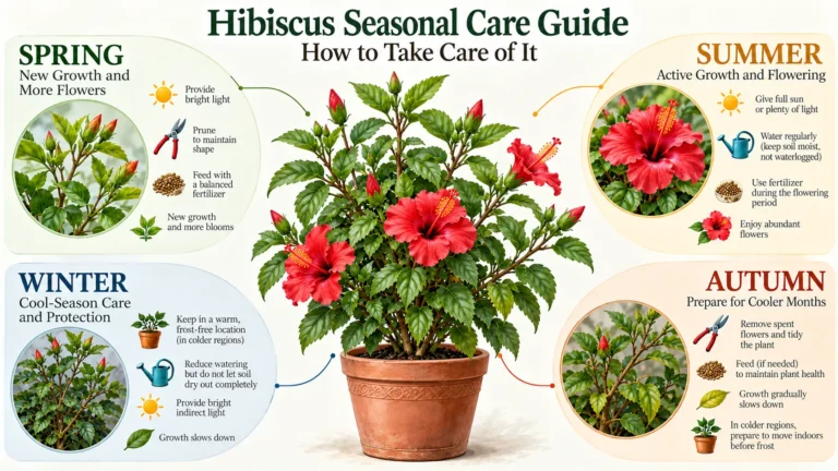 Hibiscus seasonal care guide showing key care considerations across spring, summer, autumn, and winter.
