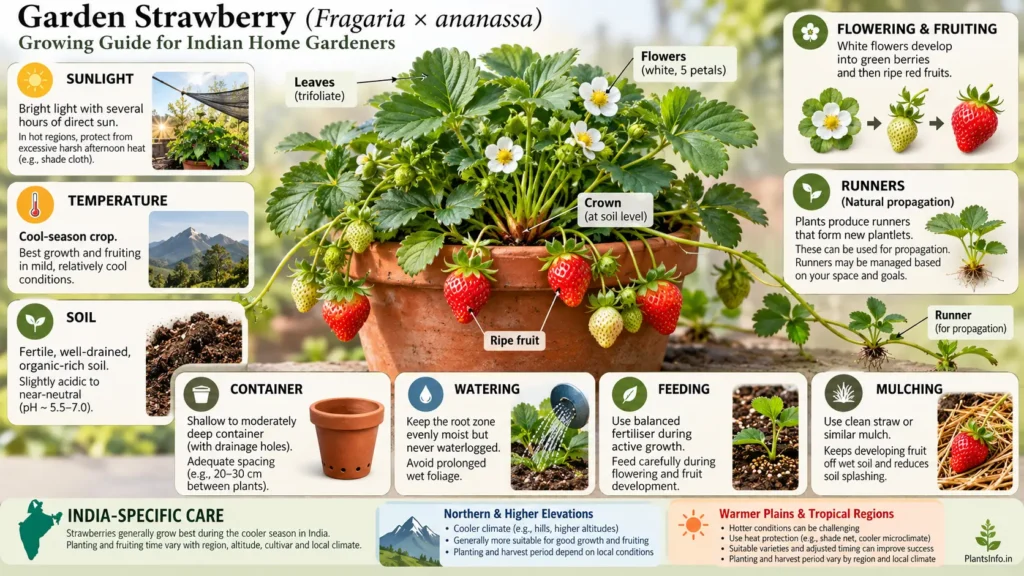 Garden strawberry growing guide for India showing sunlight, temperature, soil, watering, feeding, mulching, containers, runners, flowering and fruiting care