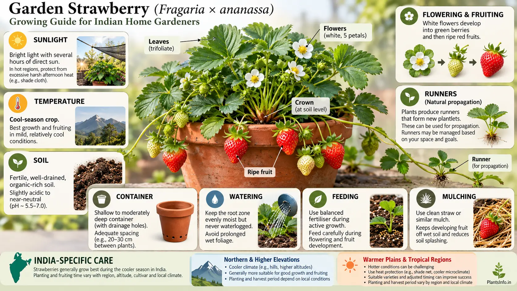 Garden strawberry growing guide for India showing sunlight, temperature, soil, watering, feeding, mulching, containers, runners, flowering and fruiting care