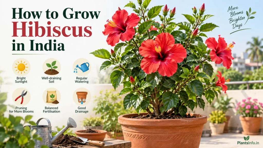 Botanical diagram of hibiscus in India showing sunlight, watering, pruning, soil and drainage care; scientific atlas illustration.