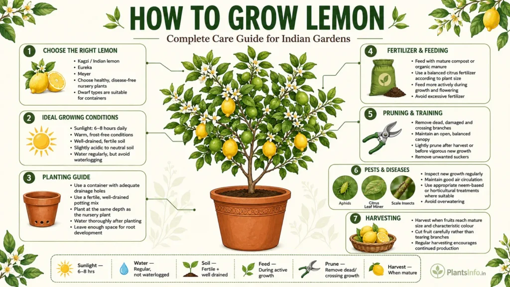 ow to grow lemon in Indian gardens: sunlight, watering, soil, feeding, pruning, pests and harvesting guide.