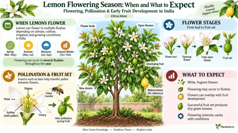 Lemon (Citrus limon) flowering season guide showing flower stages, pollination, fruit set, and flowering flushes in India.