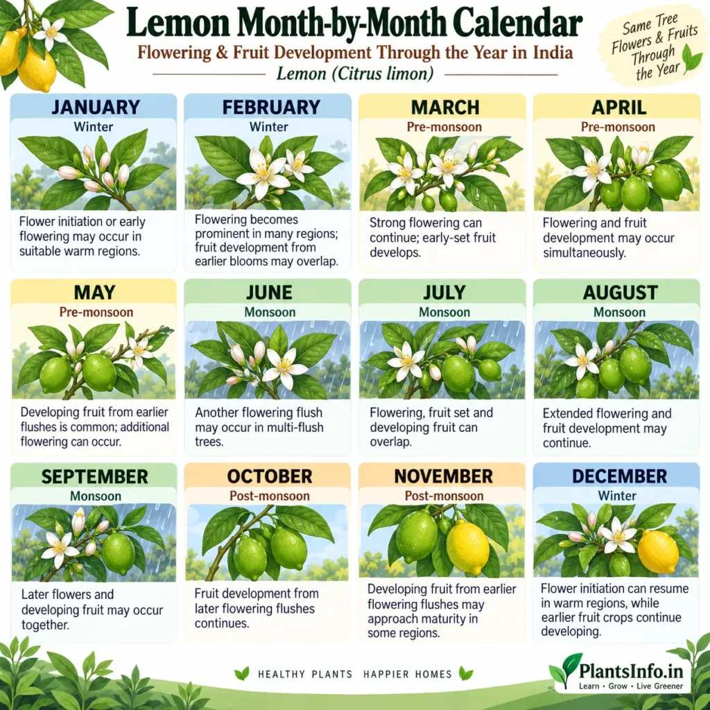 Lemon (Citrus limon) month-by-month calendar showing flowering, fruit set, and fruit development in India.