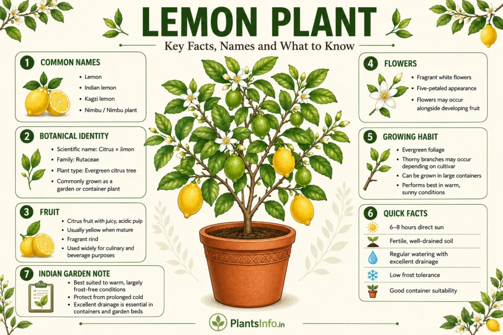 Lemon plant with flowers and ripe and developing fruit, showing key facts, botanical identity, growing habit, and care information for Indian gardens.
