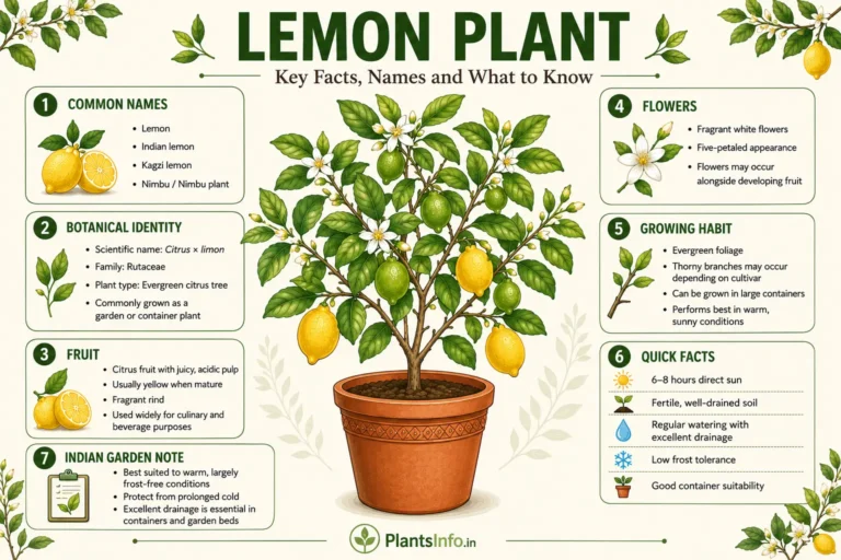 Lemon plant with flowers and ripe and developing fruit, showing key facts, botanical identity, growing habit, and care information for Indian gardens.