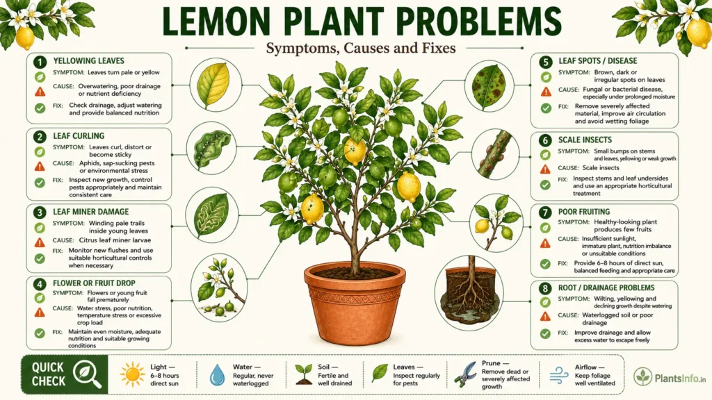 Lemon plant problems showing yellow leaves, pests, leaf spots, fruit drop, poor fruiting and drainage issues with fixes.