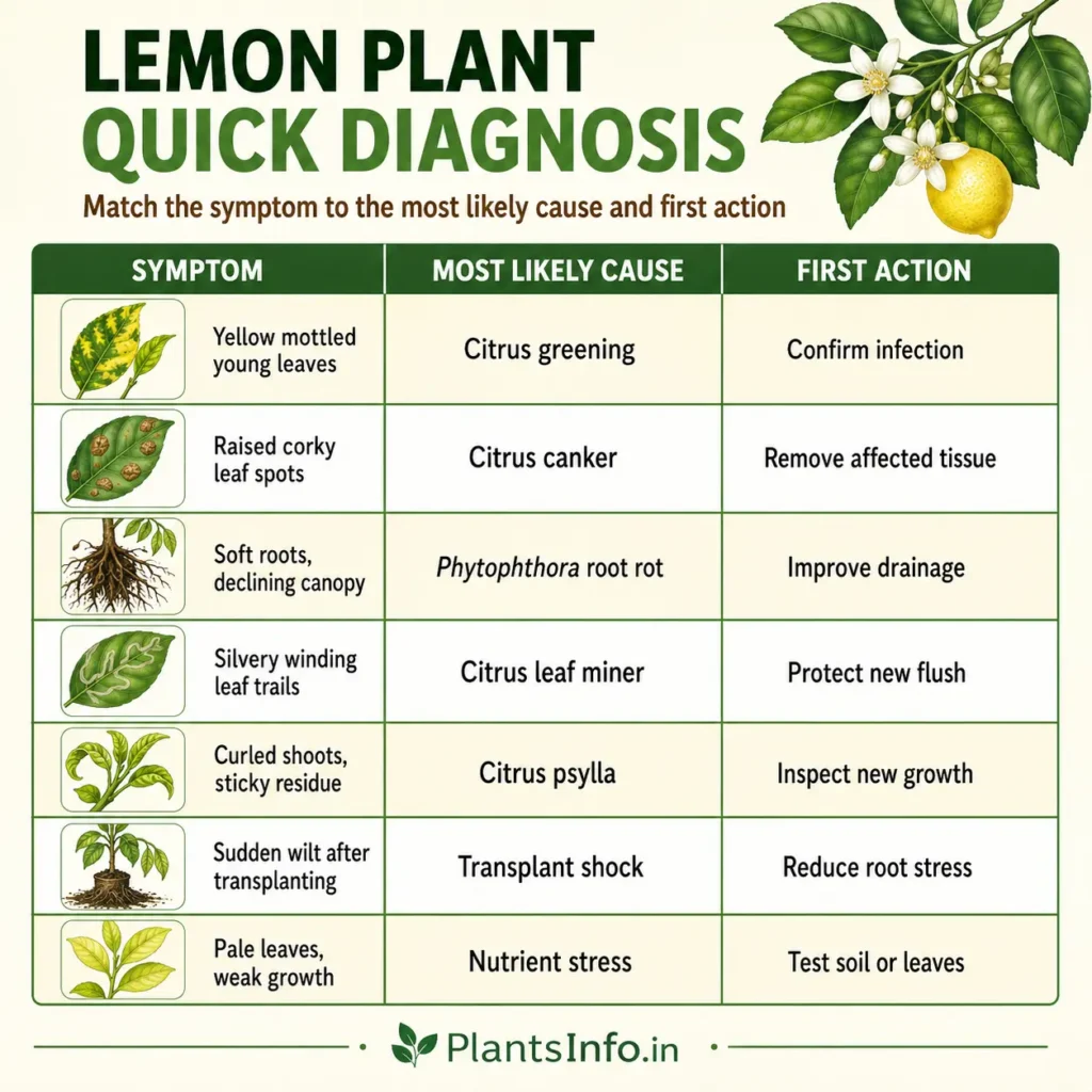 Lemon Plant Quick Diagnosis — symptoms, most likely causes, and first actions for seven common lemon plant problems