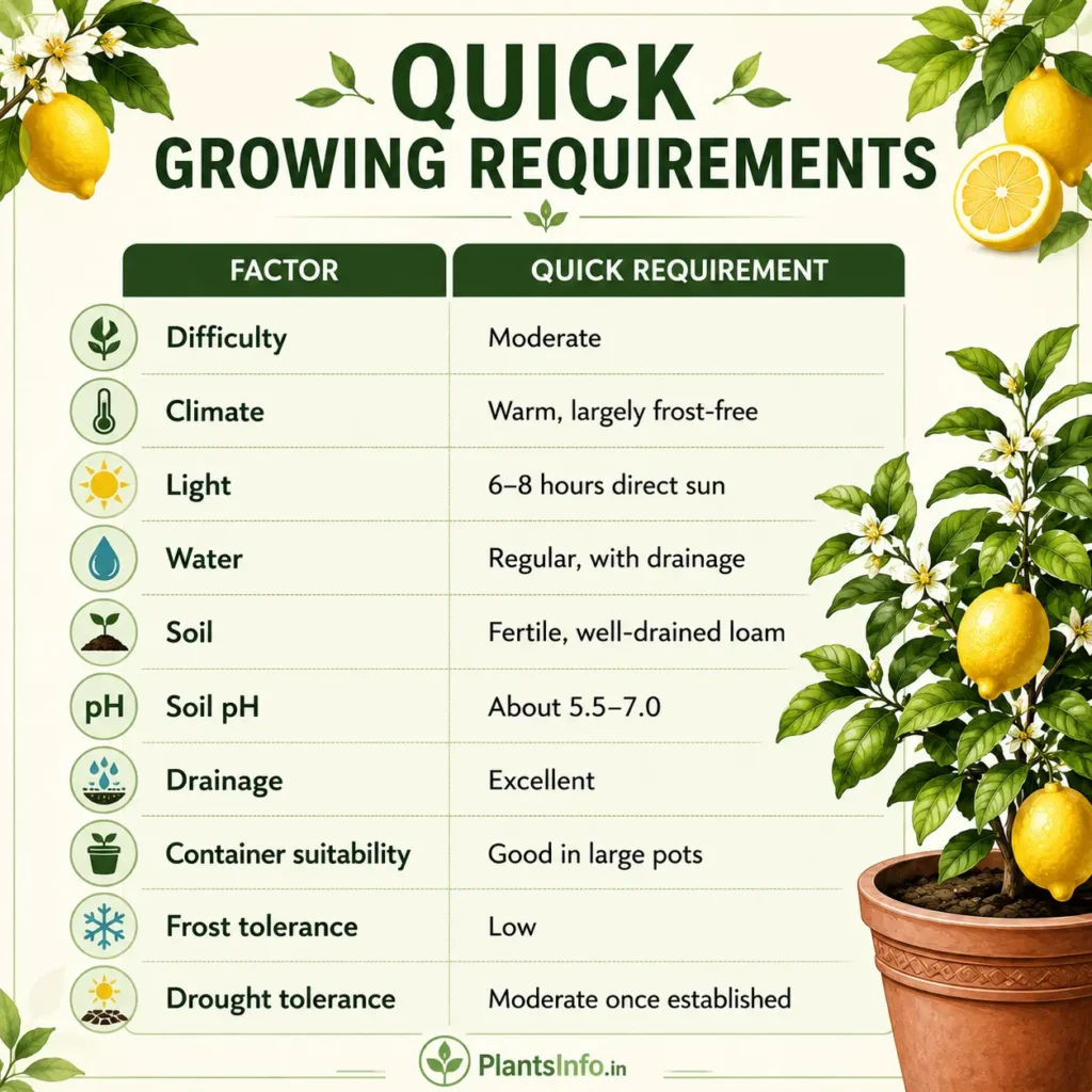 Quick growing requirements for lemon: sunlight, water, soil, pH, drainage, climate, frost and drought tolerance.