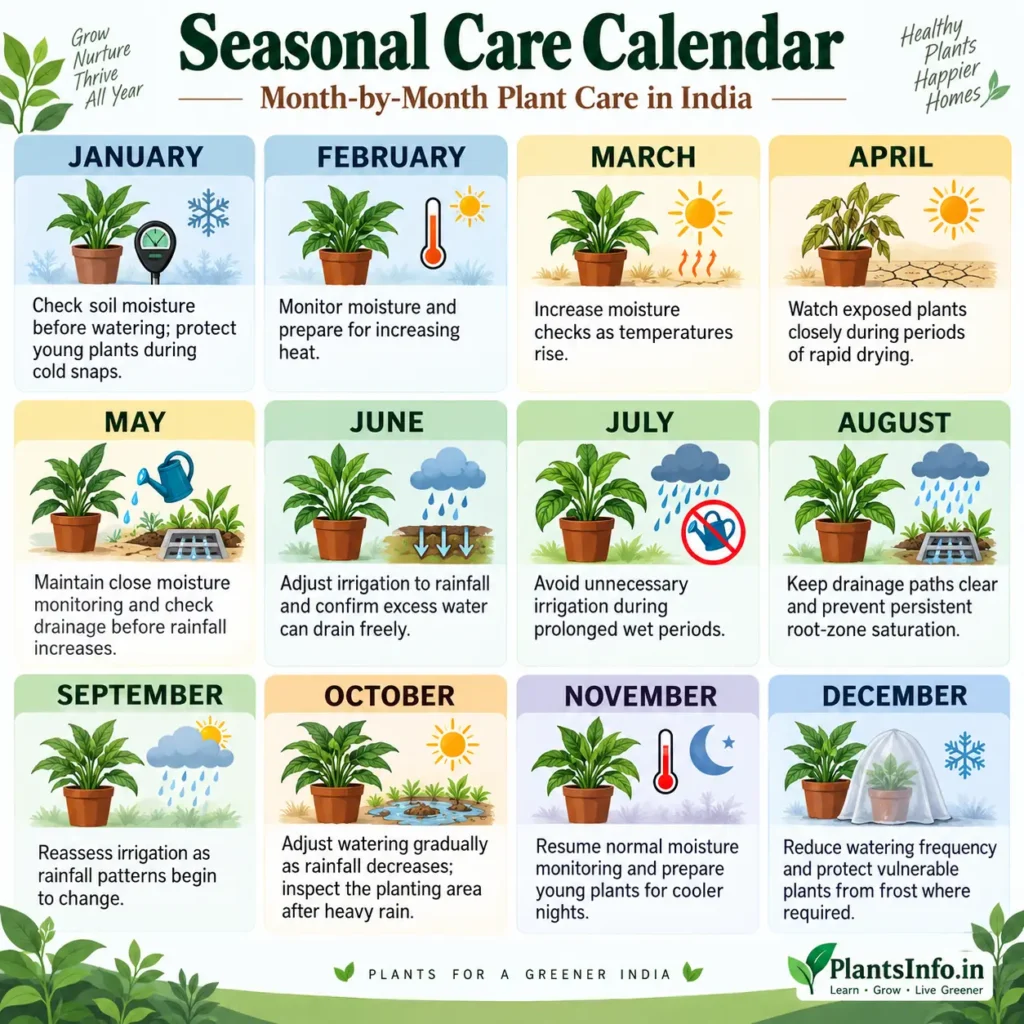 Seasonal Lemon plant care calendar for India showing monthly watering, drainage, rainfall, and cold-weather tasks.