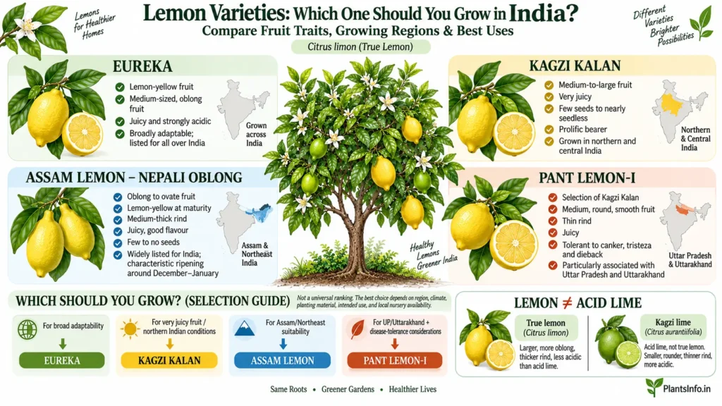 Lemon varieties in India compared by fruit traits, growing regions, uses, and lemon versus acid lime differences.