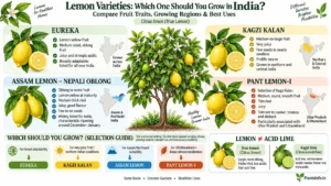Lemon varieties in India compared by fruit traits, growing regions, uses, and lemon versus acid lime differences.