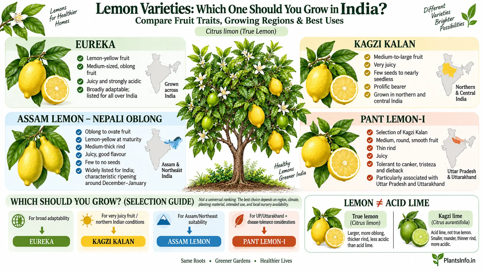 Lemon varieties in India compared by fruit traits, growing regions, uses, and lemon versus acid lime differences.