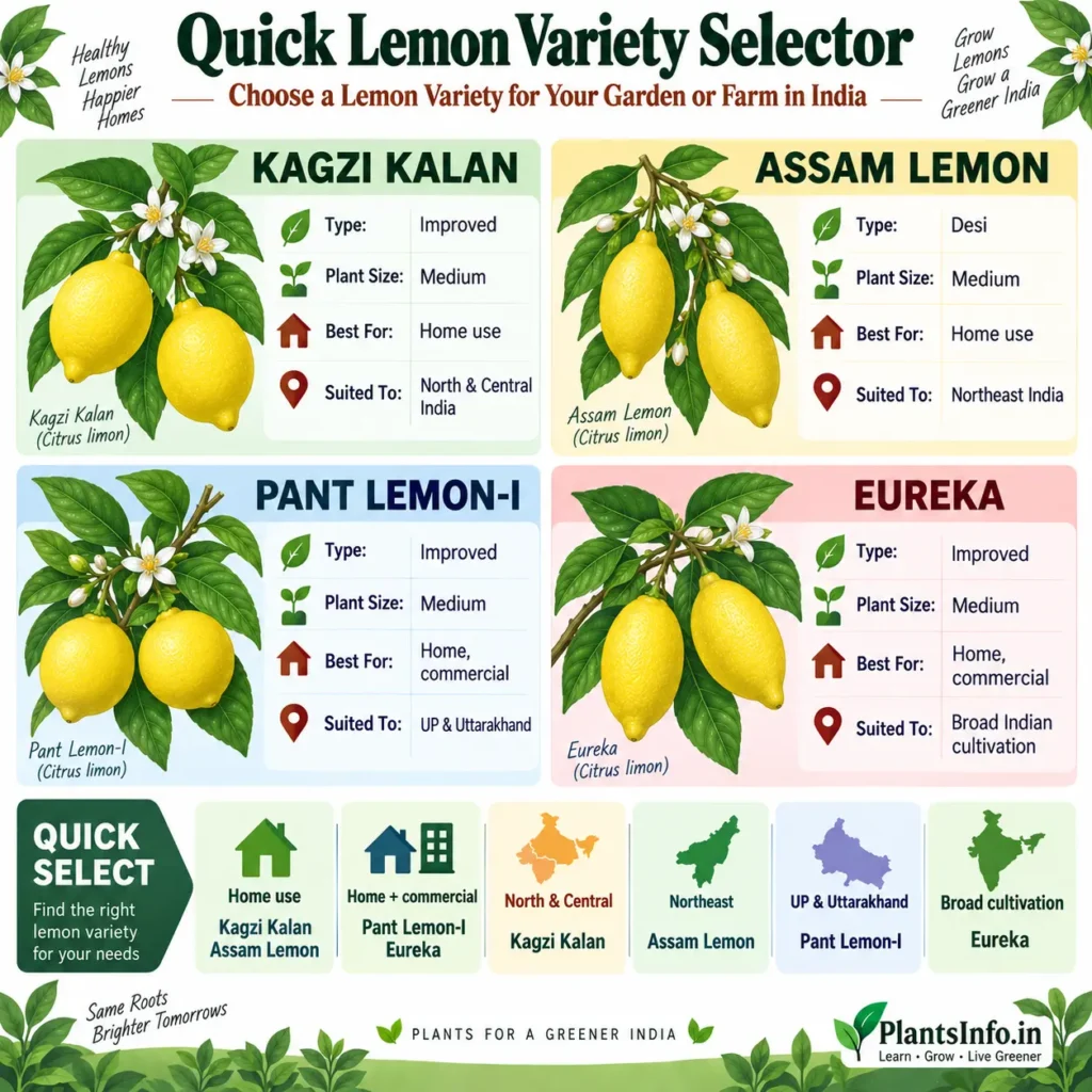 Quick lemon variety selector comparing Kagzi Kalan, Assam Lemon, Pant Lemon-I, and Eureka for India