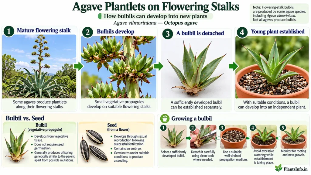 Botanical infographic illustrating flowering-stalk bulbils on octopus agave, a detached bulbil, and the development of a young plant, with a comparison of bulbils and seeds.