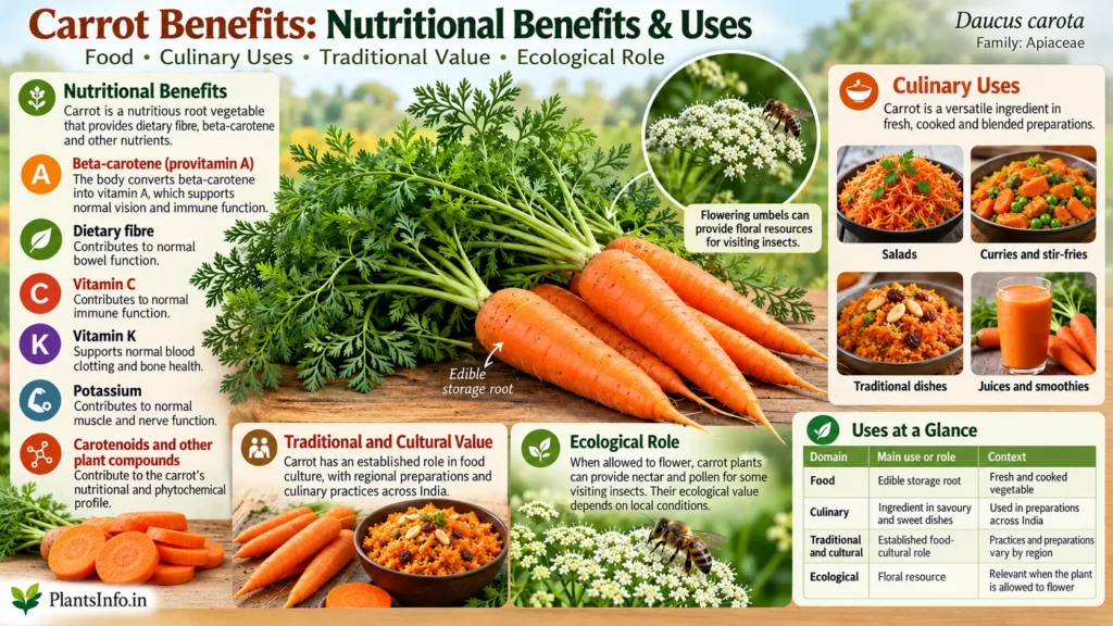 Carrot benefits infographic showing nutrition, beta-carotene, culinary uses in India, traditional food value, and ecological role of flowering carrot plants.