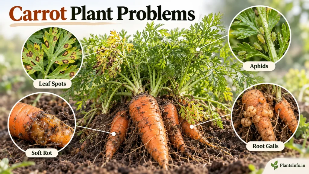 Carrot plant problems showing leaf spots, soft rot, aphids, and root galls on carrot roots.