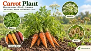 Carrot plant (Daucus carota, family Apiaceae) showing finely divided leaves, orange storage roots, white umbrella-shaped flower clusters, and mature dry fruits.