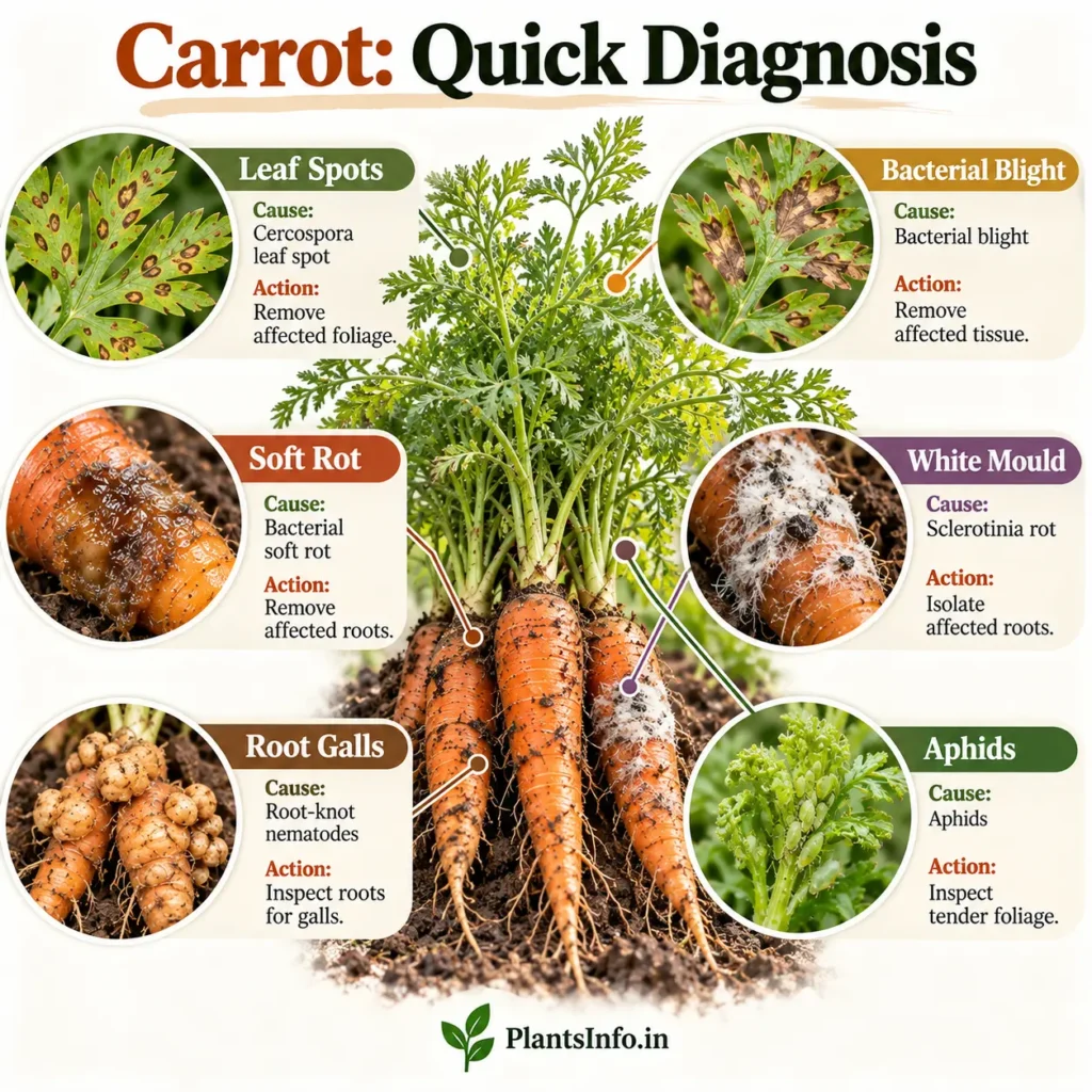 Carrot quick diagnosis infographic showing leaf spots, bacterial blight, soft rot, Sclerotinia white mould, root-knot nematode galls, and aphids, with causes and first actions.