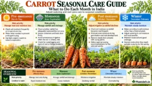 Carrot seasonal care guide for India showing pre-monsoon, monsoon, post-monsoon and winter care, including watering, moisture management, drainage and harvesting.