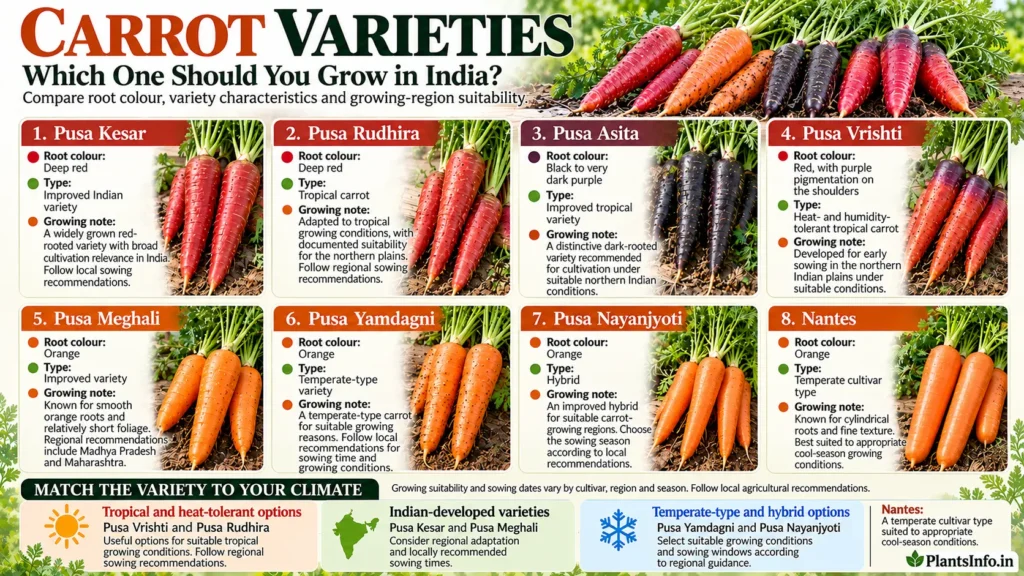 Comparison of eight carrot varieties for Indian gardens, including Pusa Kesar, Pusa Rudhira, Pusa Asita, Pusa Vrishti, Pusa Meghali, Pusa Yamdagni, Pusa Nayanjyoti and Nantes, with root colours and growing suitability.