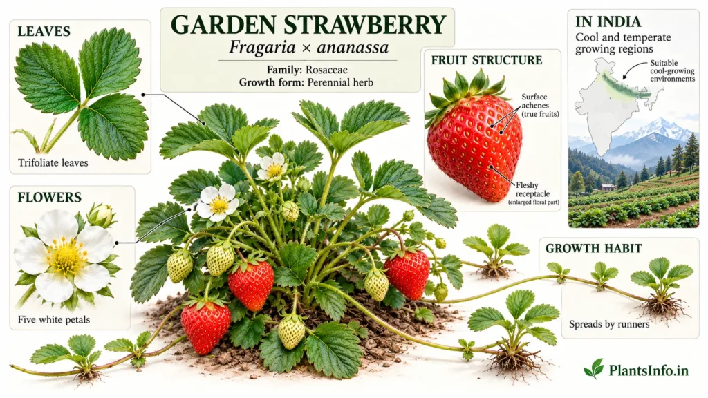 Garden strawberry plant with trifoliate leaves, five-petalled white flowers, runners, and red fruits bearing surface achenes.