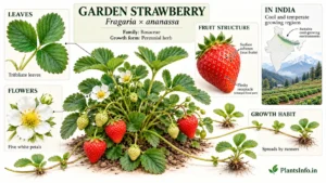 Garden strawberry plant with trifoliate leaves, five-petalled white flowers, runners, and red fruits bearing surface achenes.