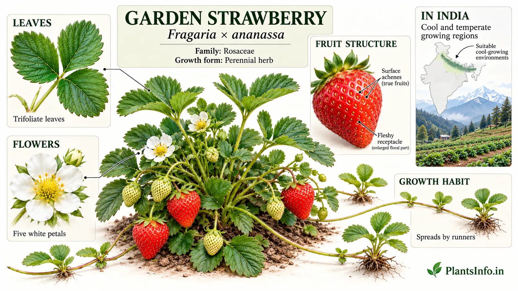 Garden strawberry plant with trifoliate leaves, five-petalled white flowers, runners, and red fruits bearing surface achenes.