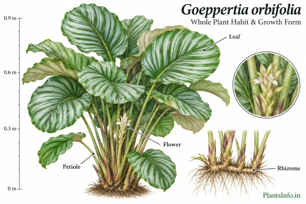 Botanical illustration of the whole plant habit and growth form of Goeppertia orbifolia showing its dense clumping growth, broad rounded striped leaves, petioles, flower and rhizomatous base.