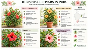 Comparison of four Indian Hibiscus cultivars—CO 1 Thilagam, CO 2 Punnagai, Nameeta, and Acharya Jagadish Chandra Bose—with their documented characteristics, reported plant sizes, and regional associations.