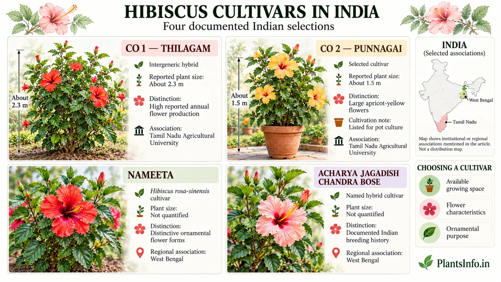 Comparison of four Indian Hibiscus cultivars—CO 1 Thilagam, CO 2 Punnagai, Nameeta, and Acharya Jagadish Chandra Bose—with their documented characteristics, reported plant sizes, and regional associations.