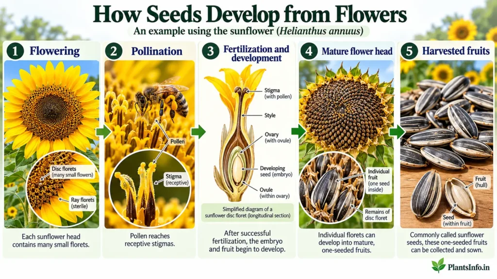 Botanical infographic illustrating five stages of sunflower reproduction, from flowering and pollination through fertilization, fruit development, and harvesting mature fruits commonly called sunflower seeds.