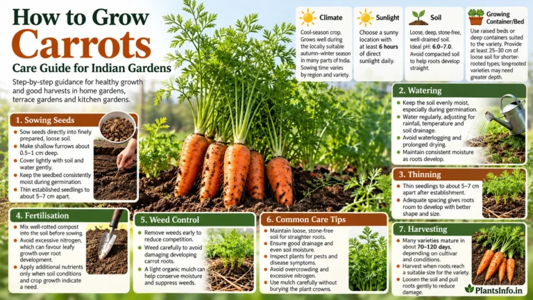 How to grow carrots in Indian gardens, including sowing, watering, thinning, soil preparation, fertilisation, weed control and harvesting.
