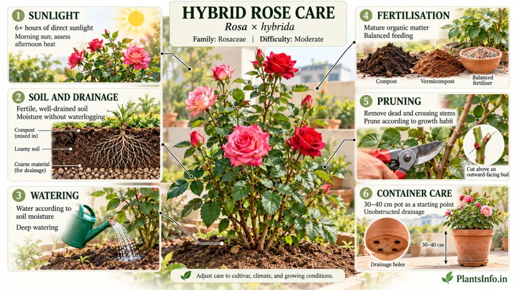Hybrid rose (Rosa × hybrida) growing guide illustrating sunlight, well-drained soil, watering, fertilisation, pruning, and container care.