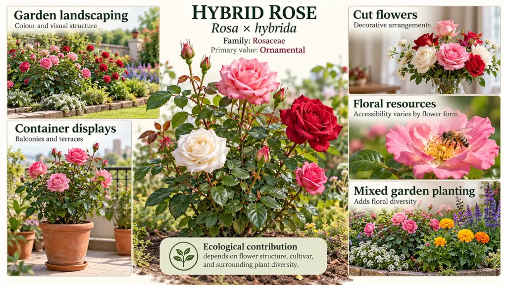 Hybrid rose (Rosa × hybrida) illustrating ornamental uses in garden landscaping, container displays, cut flowers, and mixed planting, with a bee visiting an accessible flower.