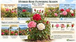 Hybrid rose flowering season in India showing seasonal bloom patterns, winter flowering, regional climate variations, flower buds, and rose hip development.