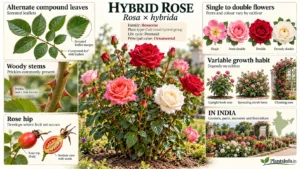 Hybrid rose (Rosa × hybrida) botanical infographic showing compound leaves, prickled stems, flower forms, rose hips, growth habits, and cultivation in India.