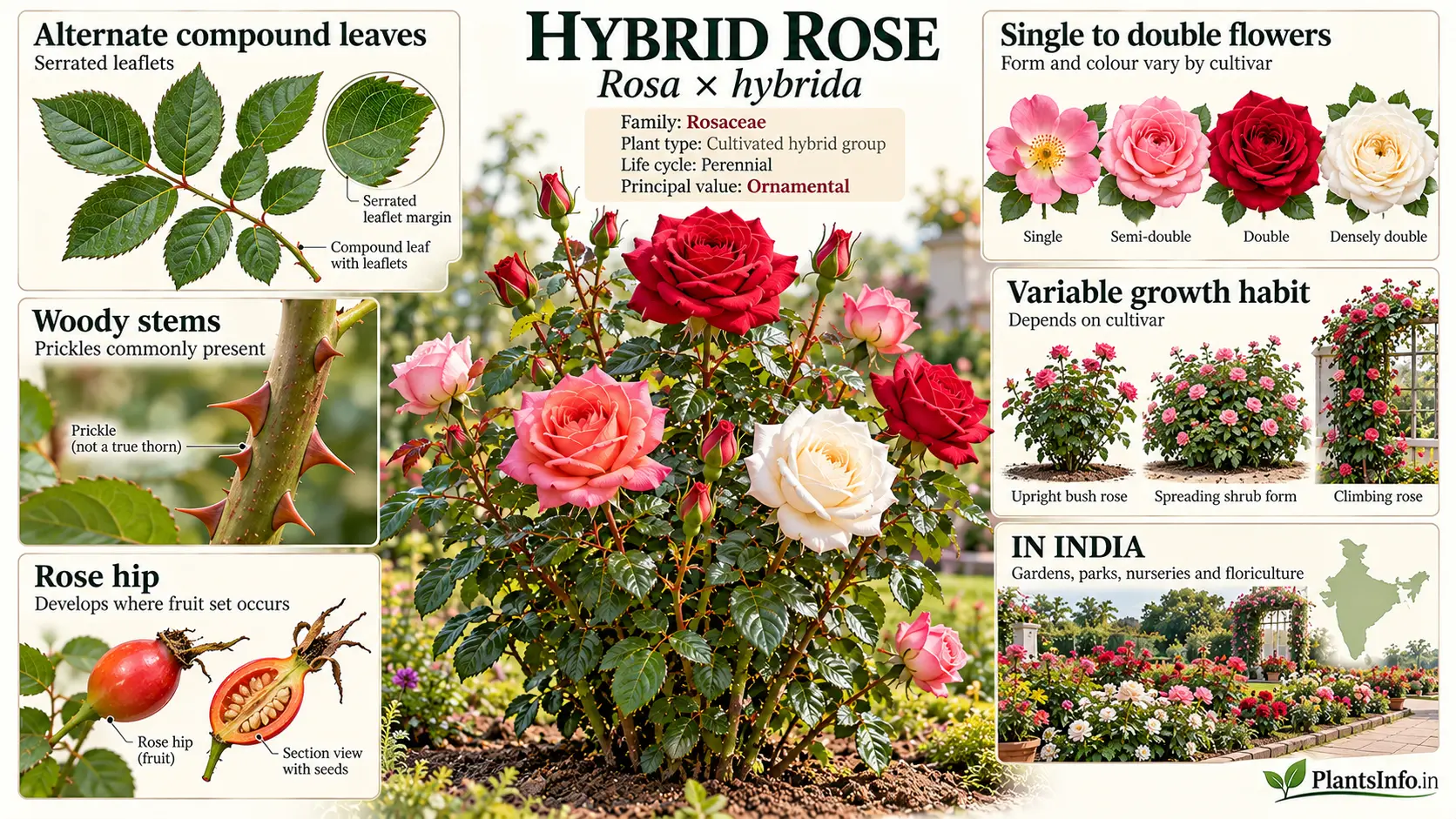 Hybrid rose (Rosa × hybrida) botanical infographic showing compound leaves, prickled stems, flower forms, rose hips, growth habits, and cultivation in India.