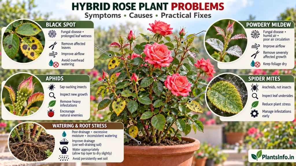 Hybrid rose plant problems showing black spot, powdery mildew, aphids, spider mites, and watering stress with practical fixes