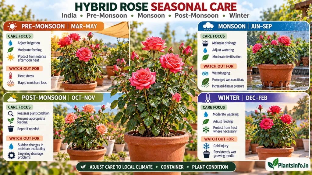 Hybrid rose seasonal care guide in India showing pre-monsoon, monsoon, post-monsoon, and winter care