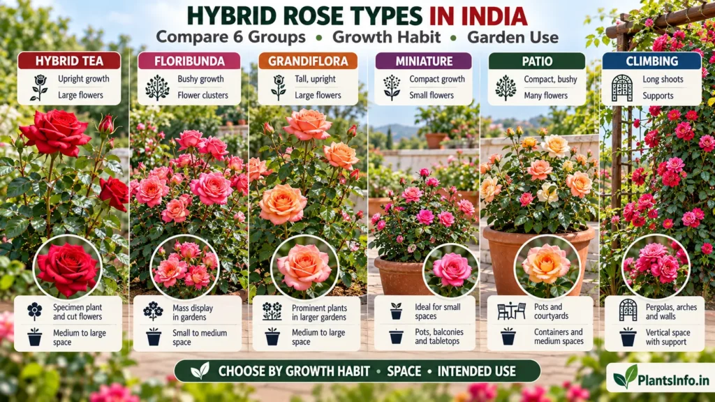 Hybrid rose types in India comparing Hybrid Tea, Floribunda, Grandiflora, Miniature, Patio, and Climbing roses