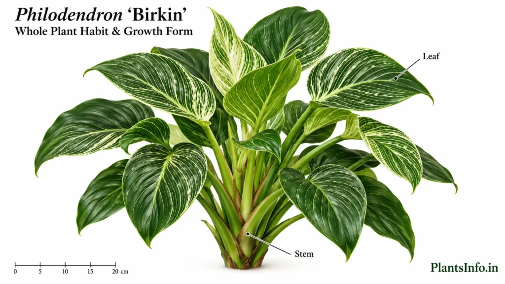 Botanical illustration of Philodendron ‘Birkin’ showing its compact upright growth habit, thick green stems, and glossy dark-green leaves with cream-white pinstripes.