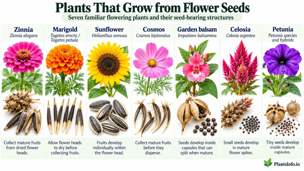 Botanical infographic showing zinnia, marigold, sunflower, cosmos, garden balsam, celosia, and petunia alongside their mature seed-bearing structures.
