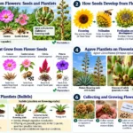 Infographic comparing flower-produced seeds in zinnia, marigold, sunflower, cosmos, and other garden flowers with vegetative bulbils produced on the flowering stalk of octopus agave.