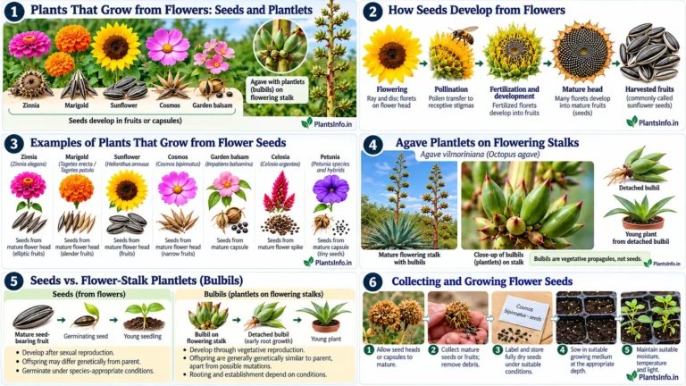 Infographic comparing flower-produced seeds in zinnia, marigold, sunflower, cosmos, and other garden flowers with vegetative bulbils produced on the flowering stalk of octopus agave.